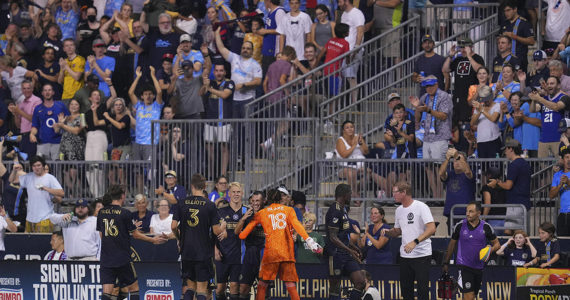 Aug 27, 2022; Chester, Pennsylvania, USA; Philadelphia Union midfielder Deniel Gazdag (6) celebrates with his teammates after scoring a goal against the Colorado Rapids in the second half at Subaru Park. Mandatory Credit: Mitchell Leff-USA TODAY Sports