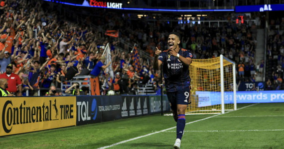 Sep 10, 2022; Cincinnati, Ohio, USA; FC Cincinnati forward Brenner (9) celebrates after scoring a goal on a penalty kick against the San Jose Earthquakes in the second half at TQL Stadium. Mandatory Credit: Aaron Doster-USA TODAY Sports