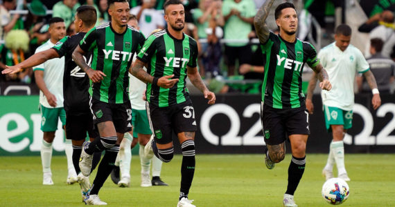 Oct 9, 2022; Austin, Texas, USA; Austin FC forward Sebastián Driussi (7) celebrates scoring a goal with teammates during the second half against the Colorado Rapids at Q2 Stadium. Mandatory Credit: Scott Wachter-USA TODAY Sports