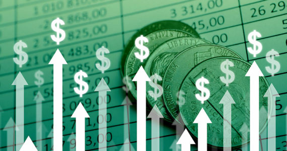 Dollar currency growth concept with upward arrows on charts and coins background.