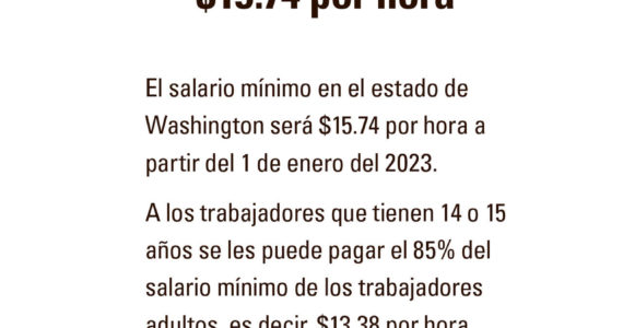 Flyer: Provides the hourly minimum wage for 2023. / Volante: Informa sobre el salario mínimo por hora en el 2023