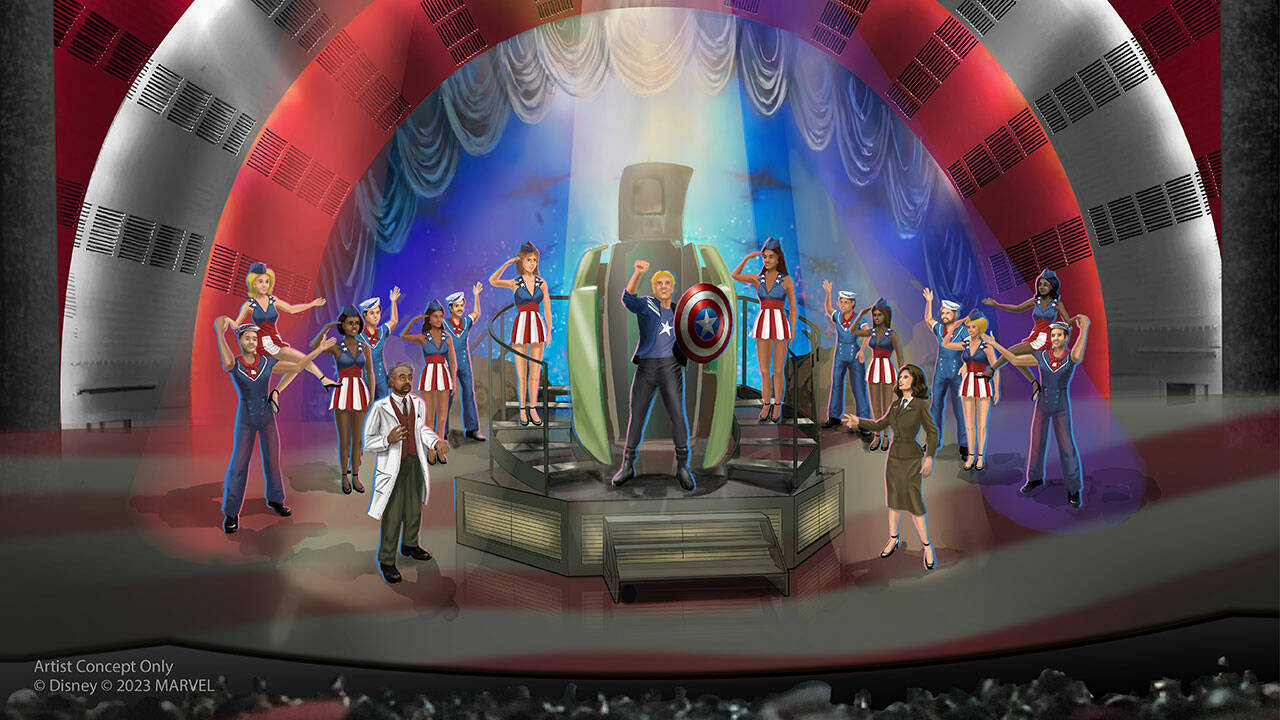 A real-life, all new one-act musical theater production of “Rogers: The Musical” will burst onto the stage at the Hyperion Theater at Disney California Adventure Park in Anaheim, Calif., for a limited-time engagement beginning June 30, 2023. This production will feature a talented cast of singers and dancers telling the story of Steve Rogers - Captain America - joined by Peggy Carter, Nick Fury and select members of the Avengers. “Rogers: The Musical” will debut during the Disney100 celebration at Disneyland Resort and will run approximately 30 minutes on select days each week. For more details, visit DisneyParksBlog.com. (Artist Concept/Disneyland Resort)