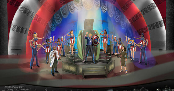 A real-life, all new one-act musical theater production of “Rogers: The Musical” will burst onto the stage at the Hyperion Theater at Disney California Adventure Park in Anaheim, Calif., for a limited-time engagement beginning June 30, 2023. This production will feature a talented cast of singers and dancers telling the story of Steve Rogers - Captain America - joined by Peggy Carter, Nick Fury and select members of the Avengers. “Rogers: The Musical” will debut during the Disney100 celebration at Disneyland Resort and will run approximately 30 minutes on select days each week. For more details, visit DisneyParksBlog.com. (Artist Concept/Disneyland Resort)