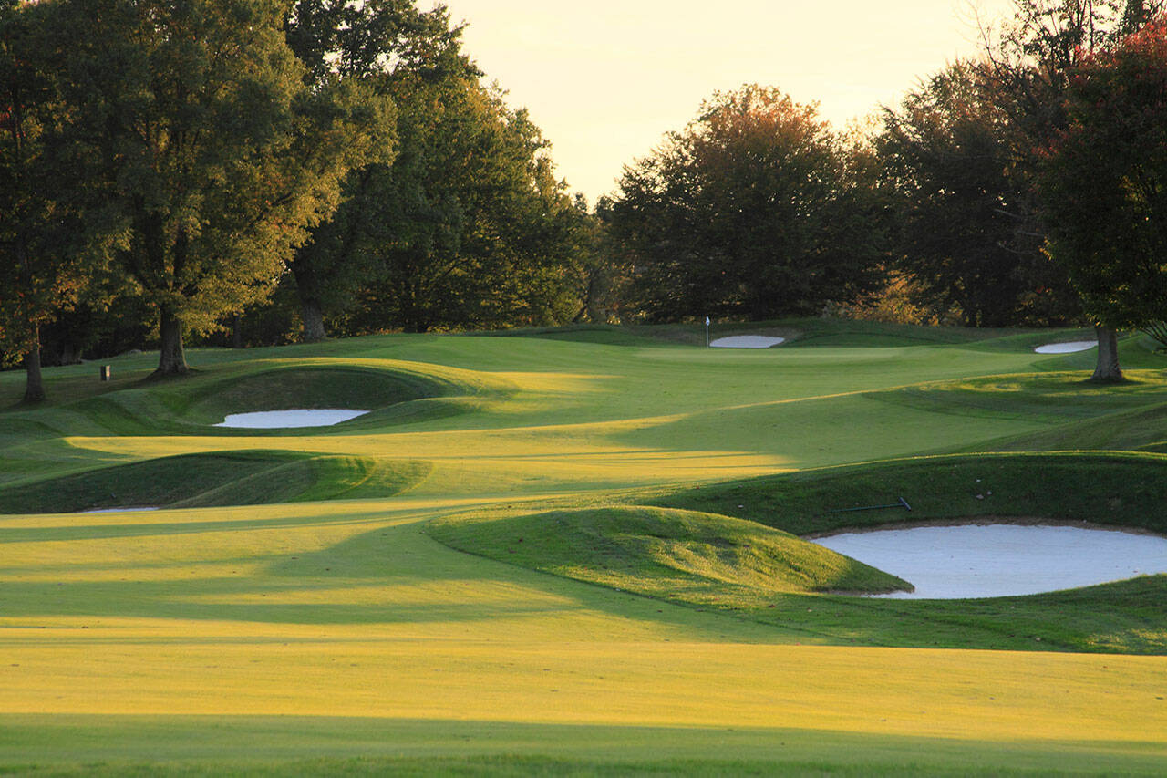 Golf Course in Autumn at Sunset with bunkers