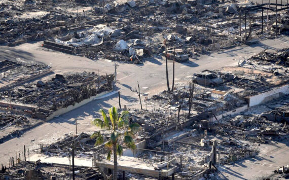 The Pacific Palisades Bowl Mobile Estates destroyed by the Palisades Fire is seen in the Pacific Palisades neighborhood of Los Angeles, Thursday, Jan. 16, 2025. (AP Photo/Damian Dovarganes)